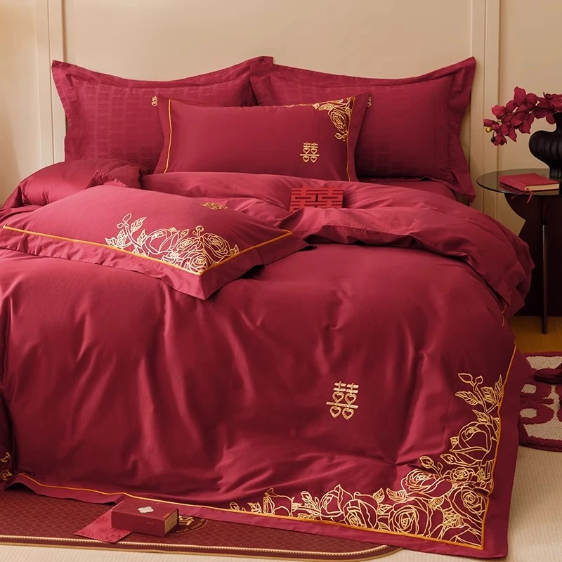 浪漫婚庆100S澳棉纯棉四件套 玫瑰花卉刺绣红色结婚被套床上用品