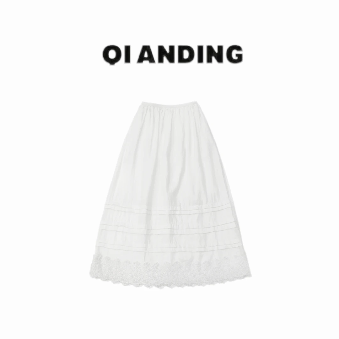 【QIANDING】25新款“怦然心动”100亚麻镂空花边A字半身裙25451