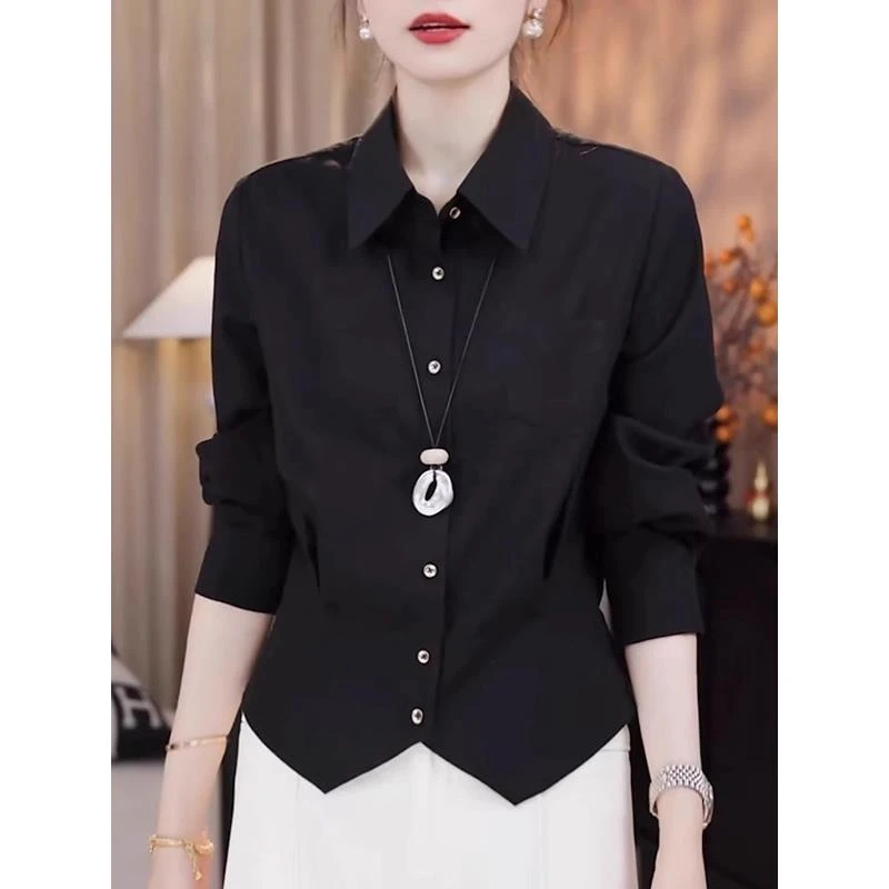 时尚潮流polo领长袖衬衫女士秋季2025年新款通勤气质收腰减龄上衣