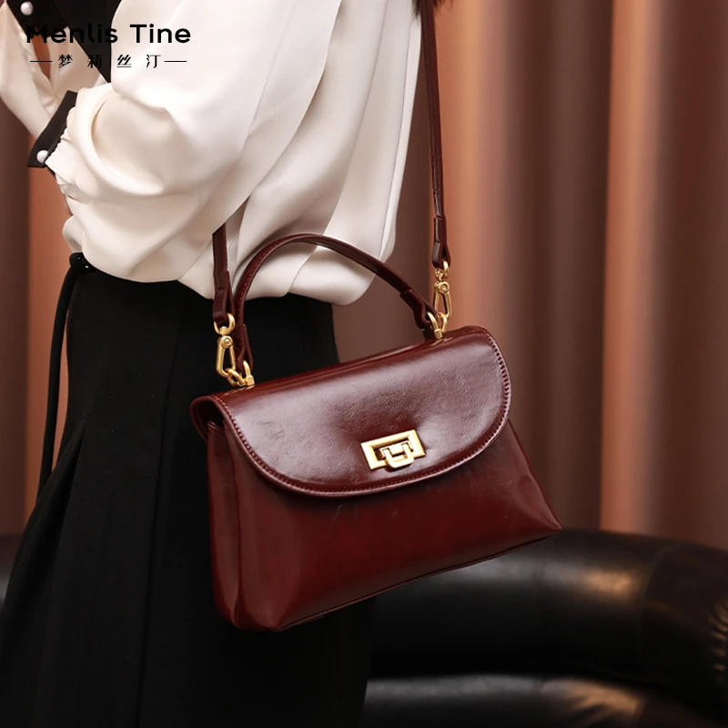 小众复古油蜡皮包包女2025新款百搭日常可用红色新娘包斜挎手拎包