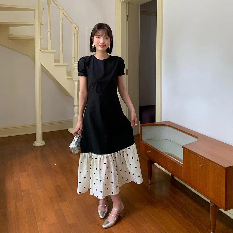 法式赫本风气质收腰撞色鱼尾连衣裙女S1159