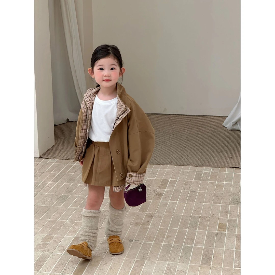 Bmy2025at 女童秋季新款韩版复古立领开衫外套洋气百褶裙套装