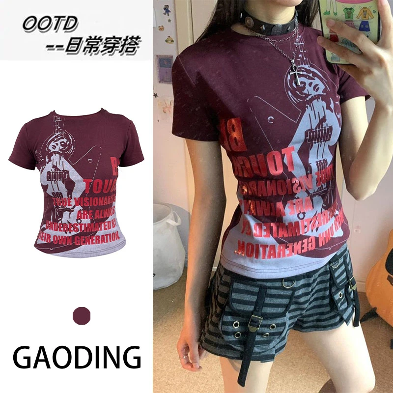 个性潮牌印花短款T恤女夏季新款修身显瘦百搭短袖打底通勤上衣ins