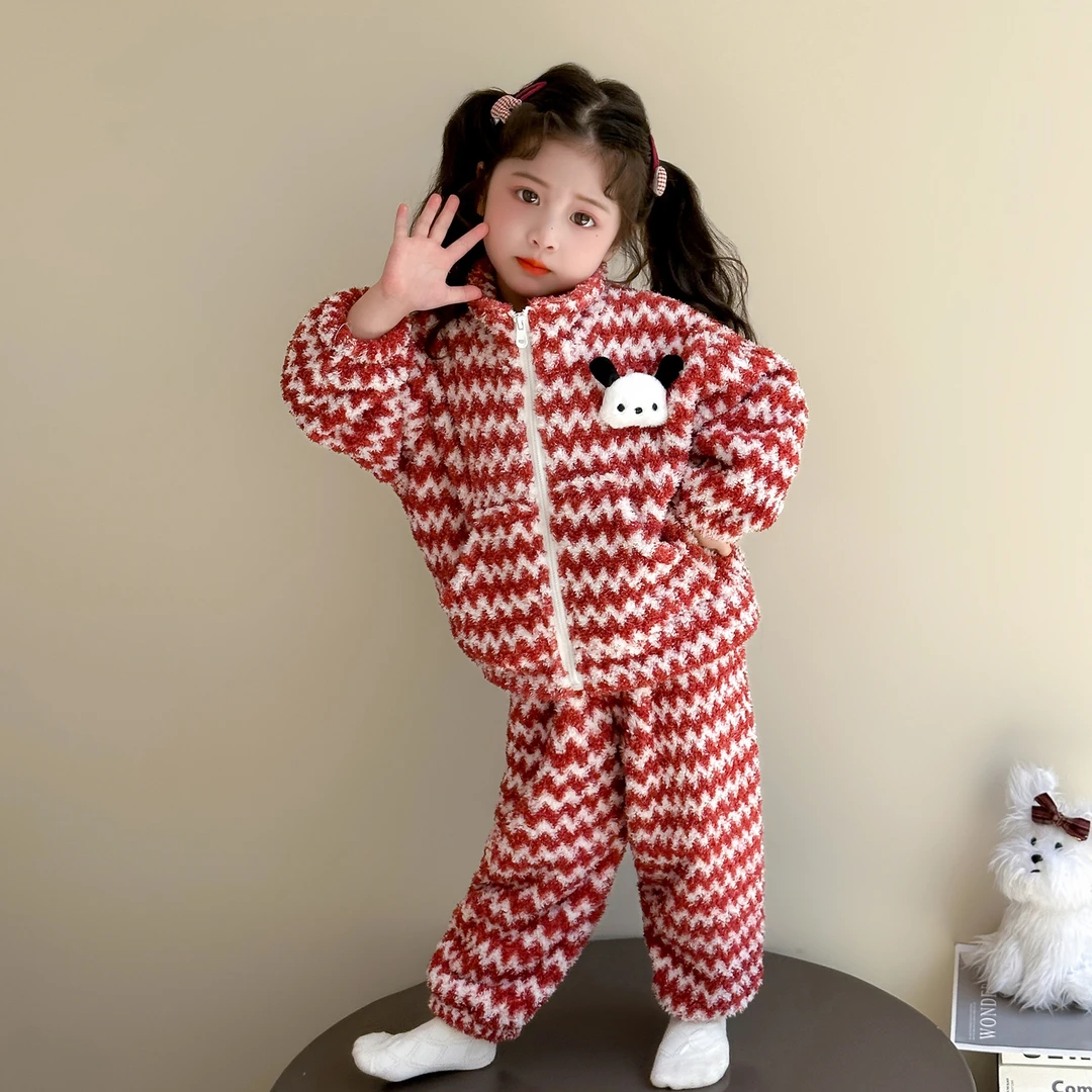 儿童睡衣女童秋冬款2025新款珊瑚绒宝宝波浪条纹家居服套装两件套