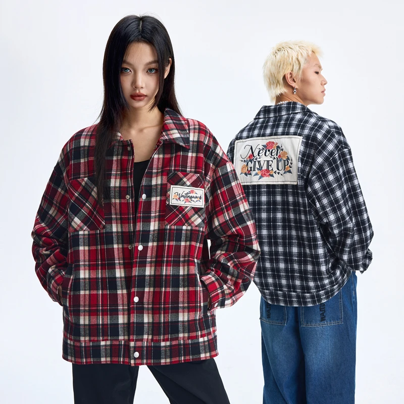 WaitingWave蔷薇贴布磨毛格子衬衫夹克潮牌格纹外套男女同款