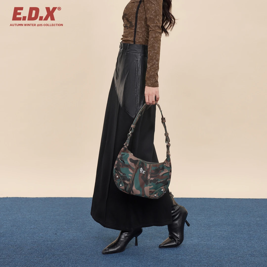 EDX黑色加绒拼接皮半身裙女秋冬新款设计感小众加厚长裙开叉裙子