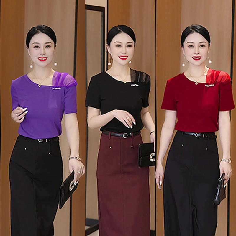 漏肩网纱小衫女夏季新款洋气不规则领时尚百搭T恤显瘦短袖上衣