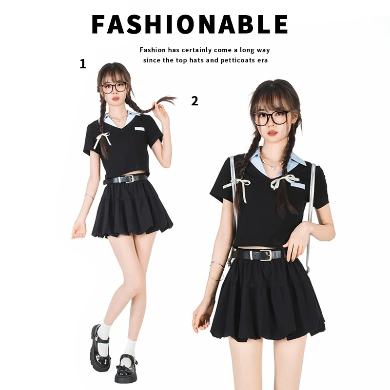 两件套甜美黑色韩系学院风制服简约显瘦辣妹百褶裙日系简约