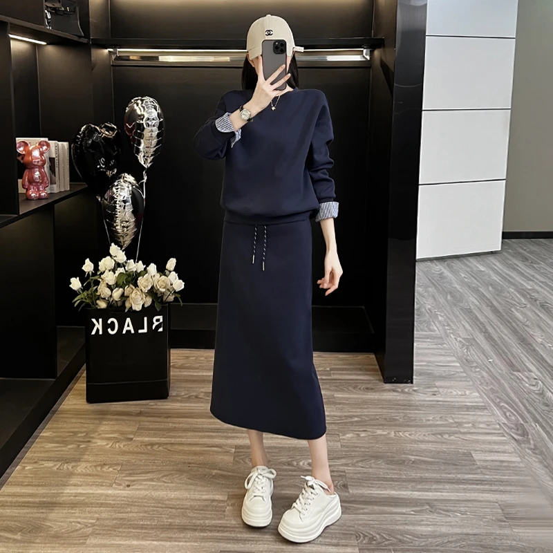 高级深蓝色卫衣半身裙裙两件套女春秋季时尚休闲宽松显瘦气质套装