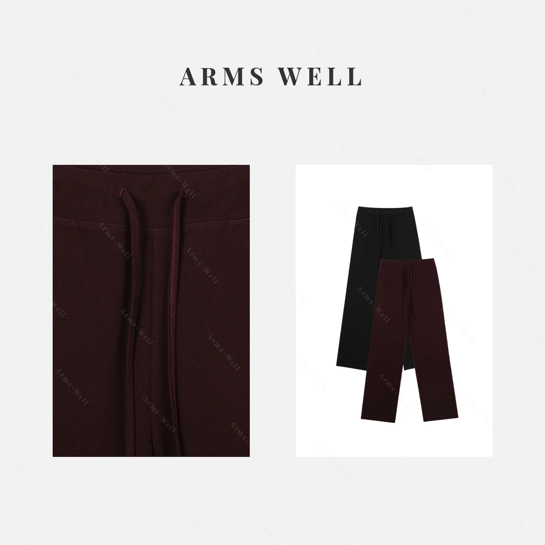 ARMS WELL王囡囡 黑/深枣红抽绳松紧腰绵羊毛桑蚕丝休闲裤 L149