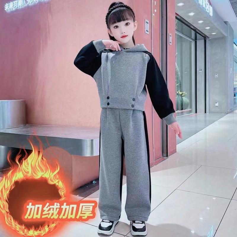 女童秋冬新款时尚休闲连帽加绒两件套中大童洋气套装儿童加绒套装