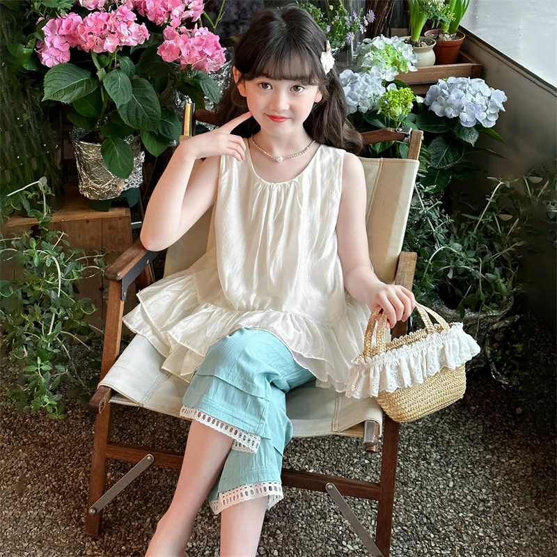 女大童夏季休闲纯色娃娃衫套装2025新款洋气小女孩无袖上衣两件套