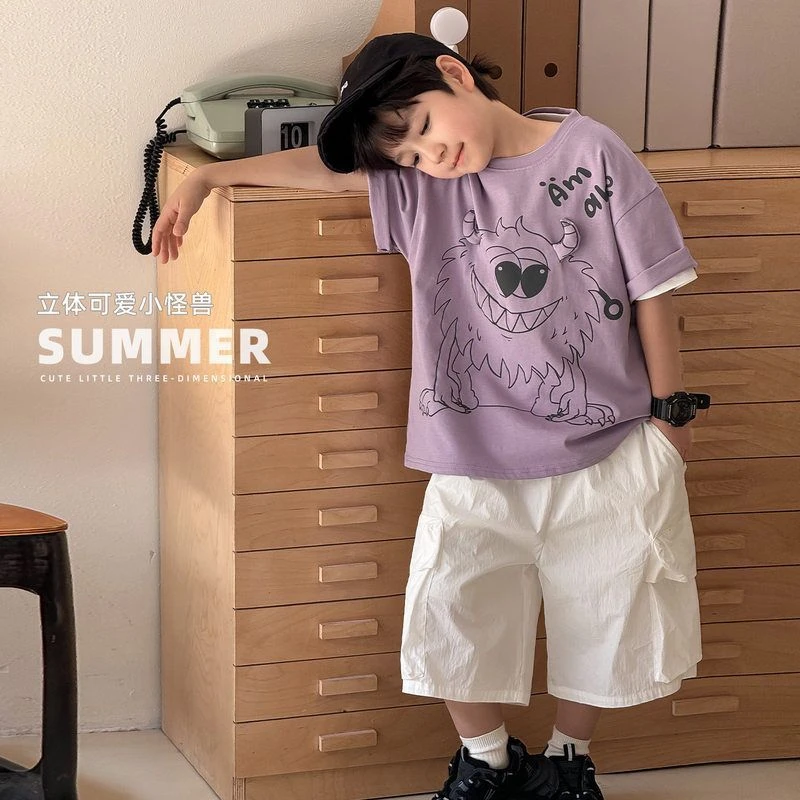 童酷2025男童夏季新款韩版立体小怪兽印花宝宝T恤宽松儿童短袖潮