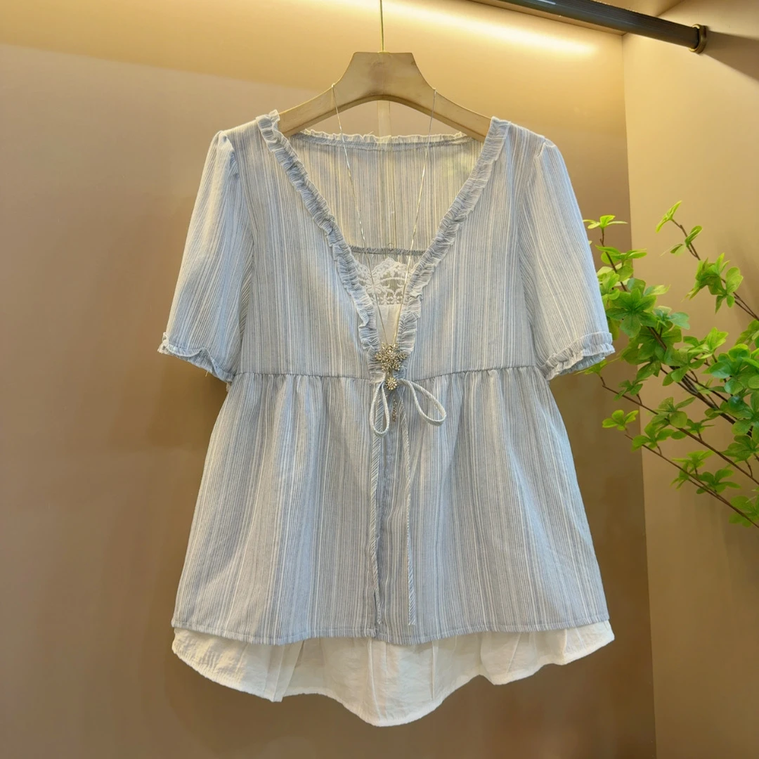 夏季洋气胖MM新款设计款减龄显瘦百搭假两件上衣（衣长69左右）