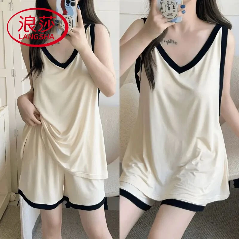 浪莎莫代尔拼色背心带胸垫睡衣女夏季薄款可外穿洋气高级感家居服