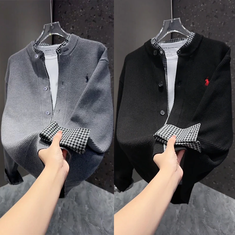2025新款假两件针织衫男秋季时尚高级感拼接上衣百搭休闲毛衣外套