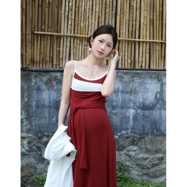 senenmu 梅子红酒 春夏新款假两件吊带连衣裙孕妇装