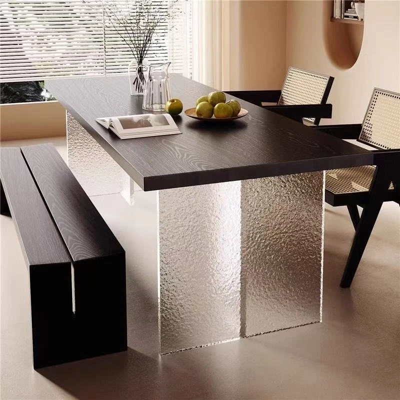 实木亚克力悬浮餐桌白蜡木侘寂中古风黑色家用长方形原木大板饭桌