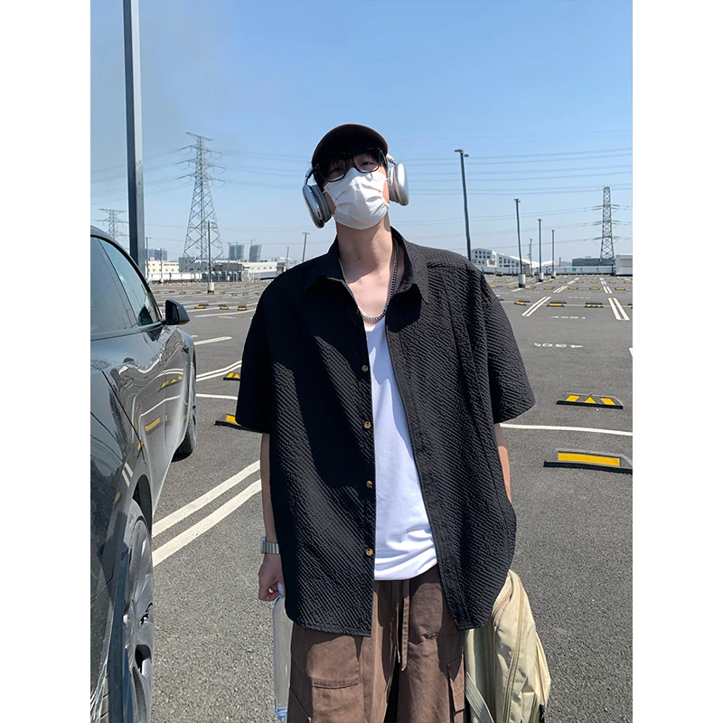 肌理感褶皱衬衫短袖男款夏季薄款速干五分袖衬衣宽松休闲凉感潮流