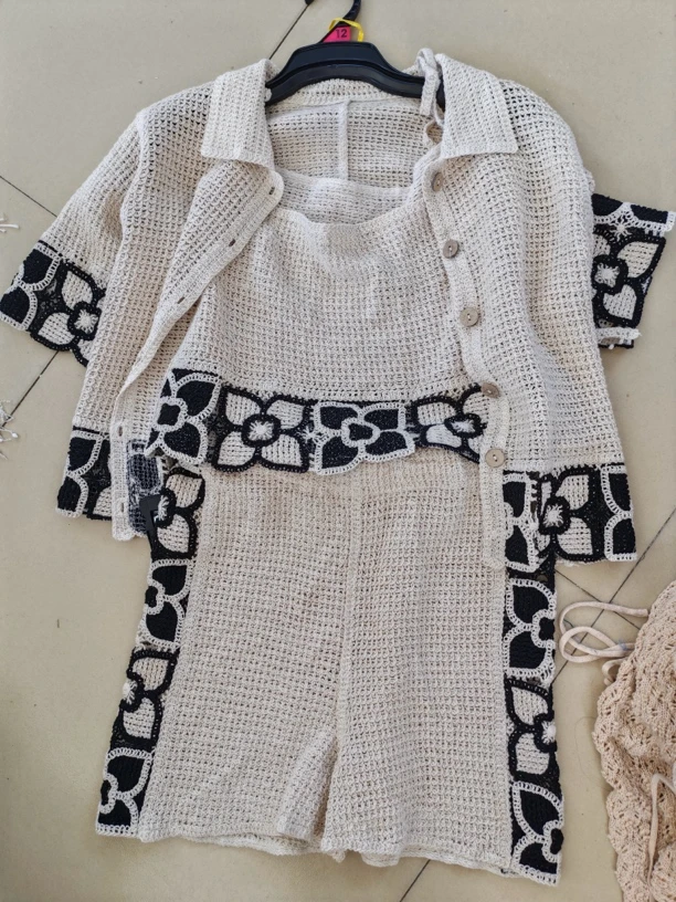 出口日韩冷淡风盐系穿搭夏装古着vintage镂空钩花休闲裤套装