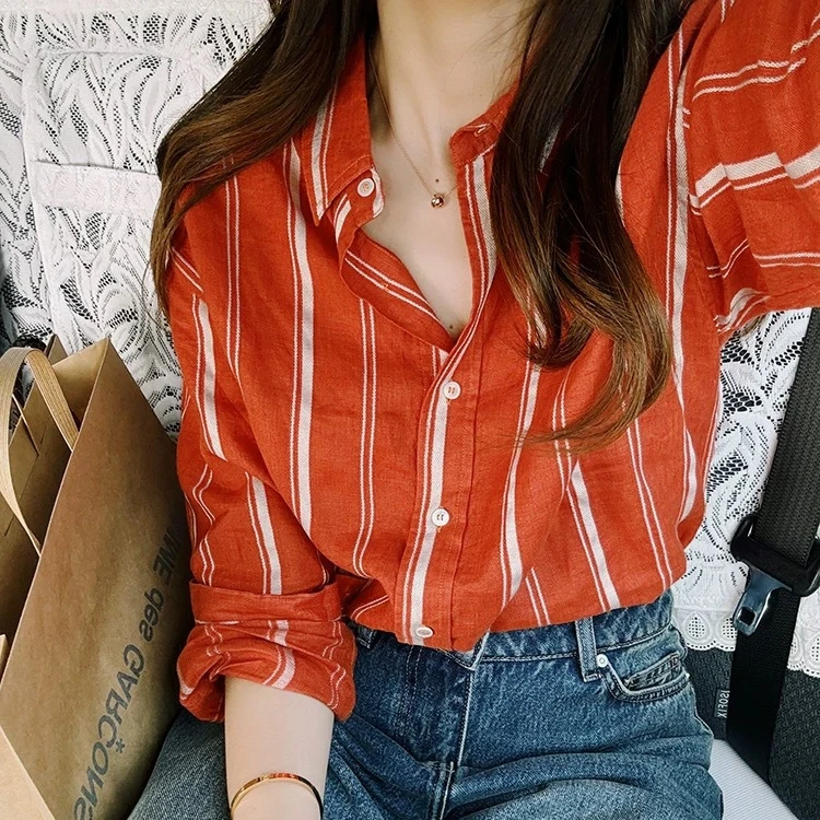 【大眼刘lia】原创设计师橘红色’亚麻棉’混纺提花长袖衬衫女