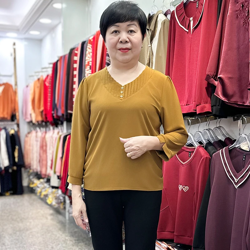 秋季新品纯色妈妈装八分袖棉T恤小衫50-60岁中老年女装大码上衣薄