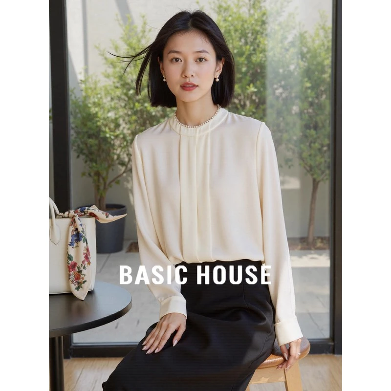 Basic House/百家好法式白色衬衫女2025早秋新品长袖立领小衫上衣