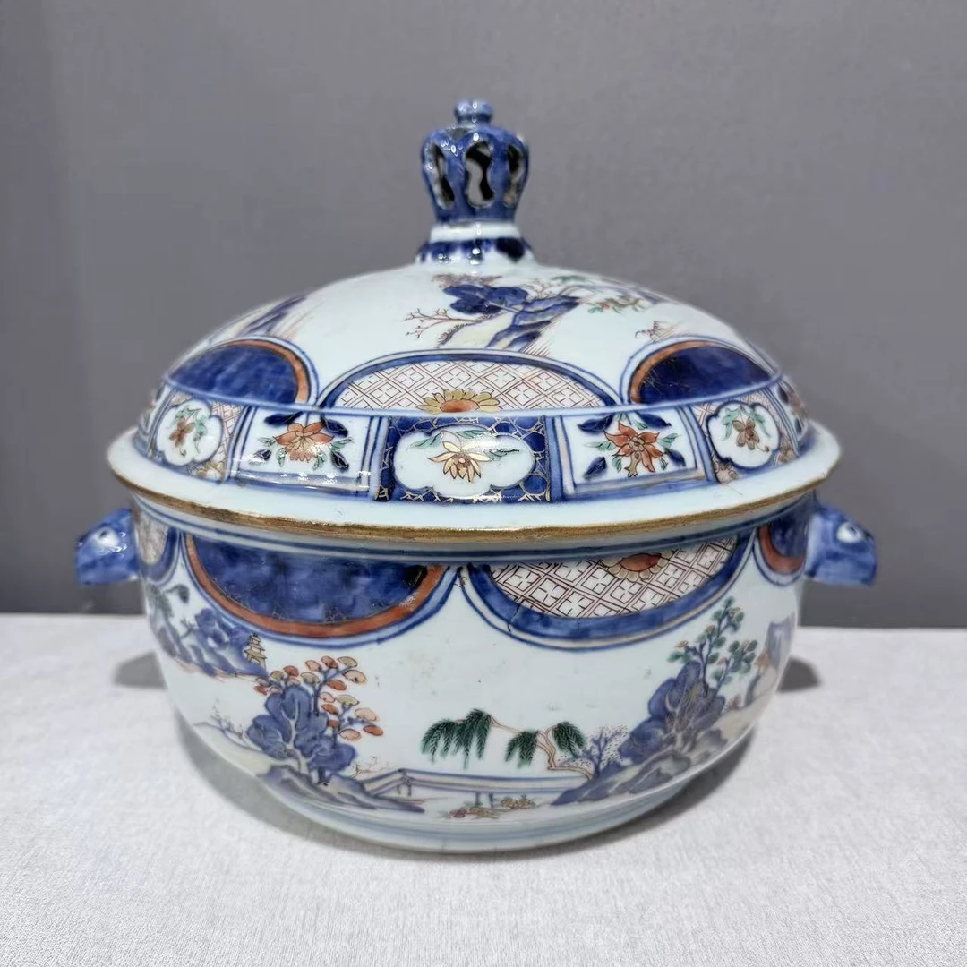 A1009141 清康熙 青花五彩描金山水纹兔耳镂空扭盖罐直径23.8高24