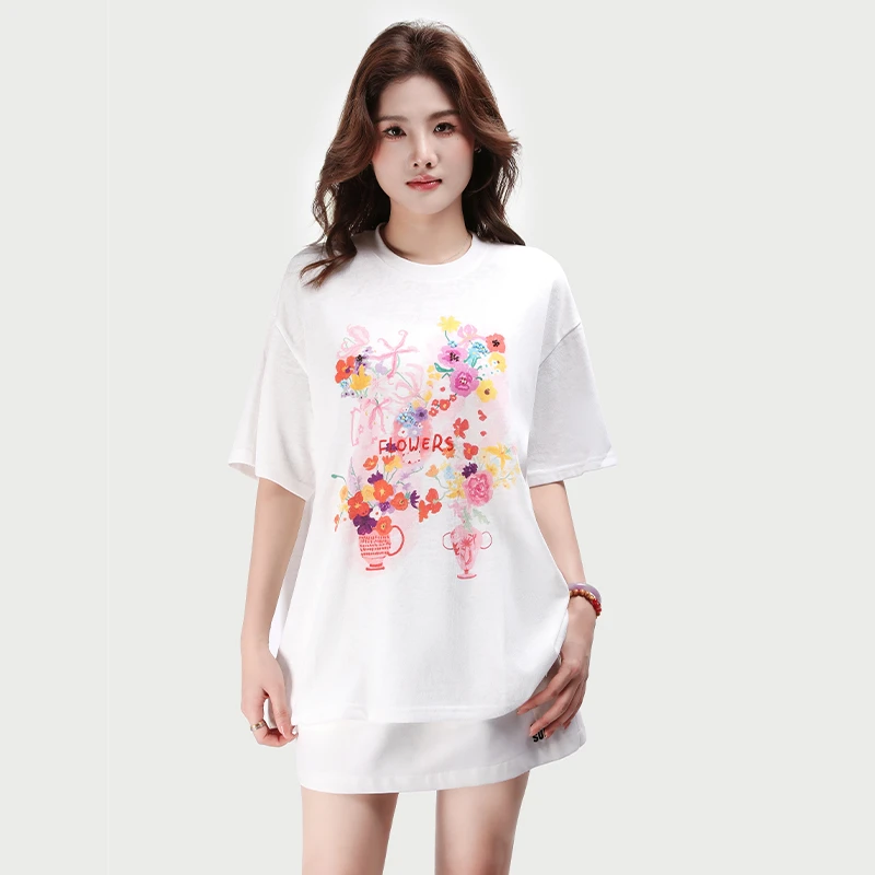 RAQTX32680春夏新款彩色花朵涂鸦印花短袖T恤女
