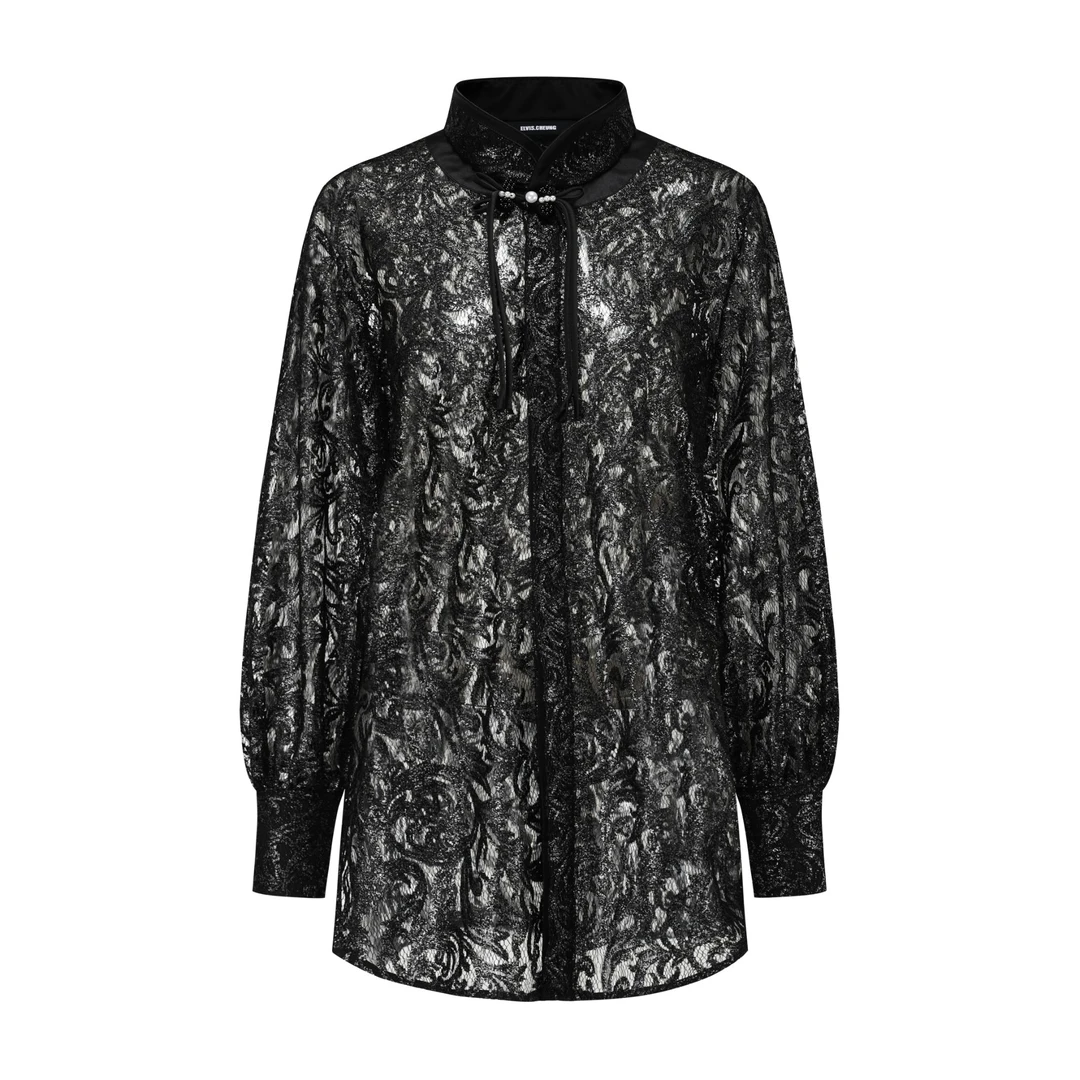 孤品折扣/蕾丝烫银中式领盘扣衬衫