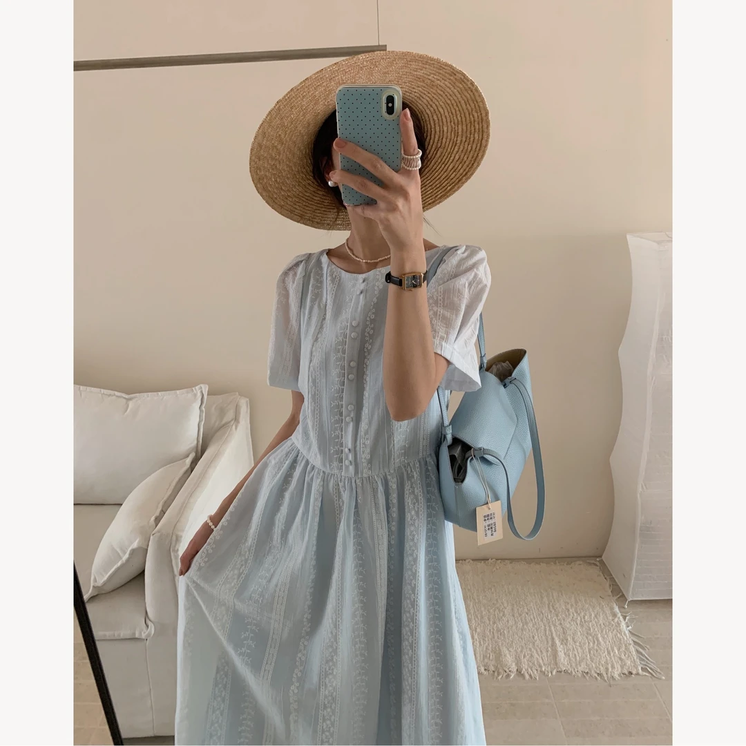 韩国重工满幅刺绣 泡泡袖 收腰显瘦 气质连衣裙 配发圈