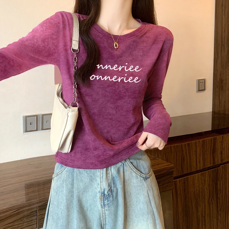 美式扎染纯棉正肩长袖t恤女秋季2025年新款显瘦修身打底衫上衣春