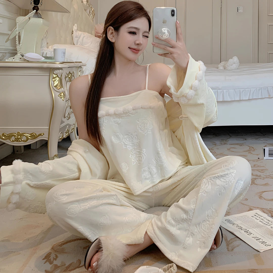 海岛绒秋冬季睡衣女2025新款三件套加厚双面绒中式国风纯欲家居服