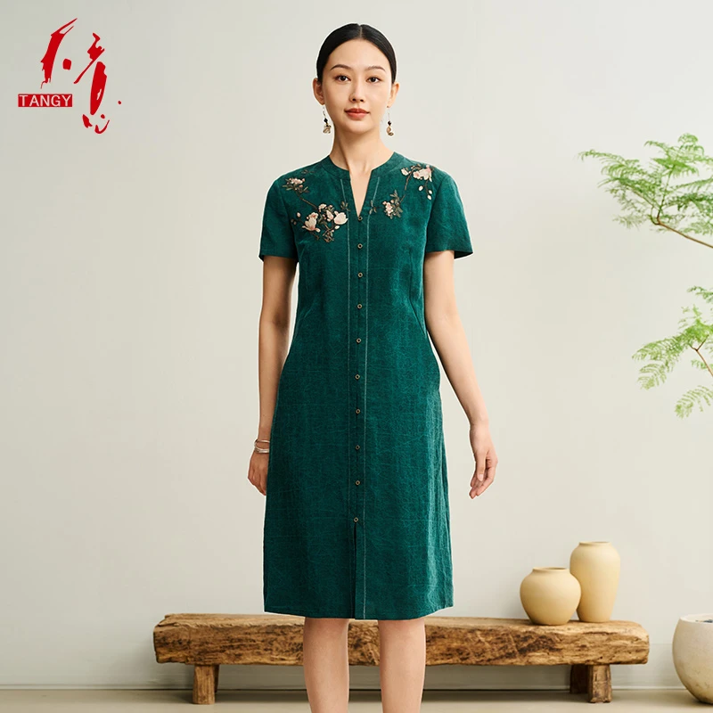 TANGY/天意2025夏季新款欧若新中式V领刺绣女连衣裙2252817