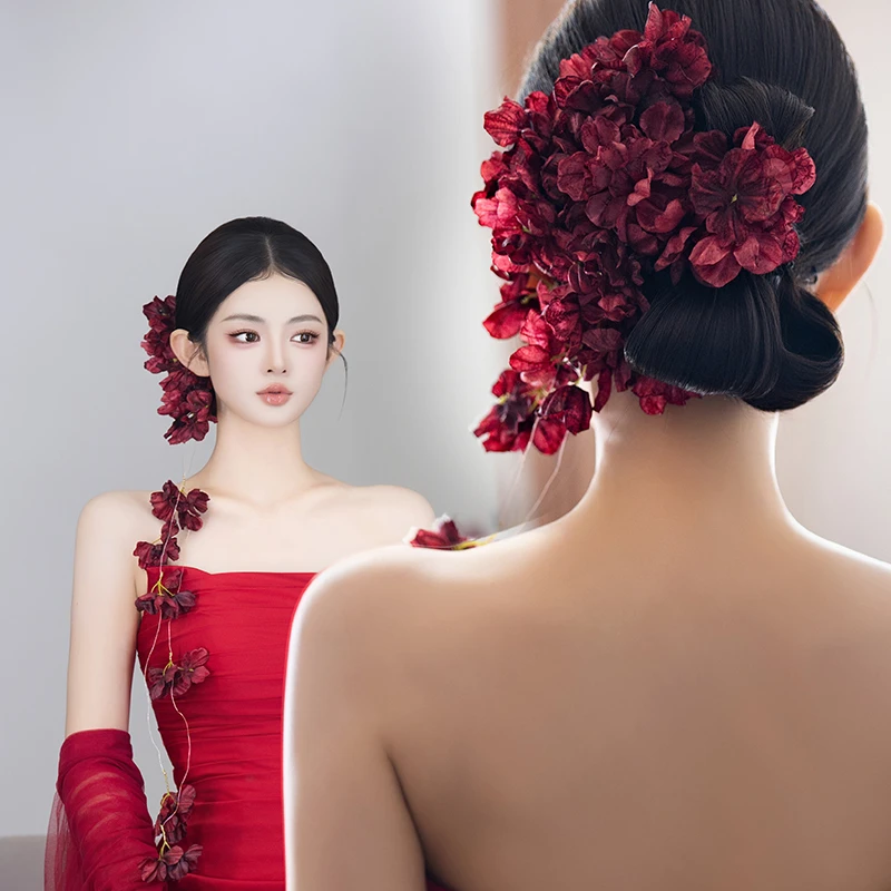 非金属布艺婚庆饰品 新中式新娘仿真手作红色花朵减龄配饰MC2729R
