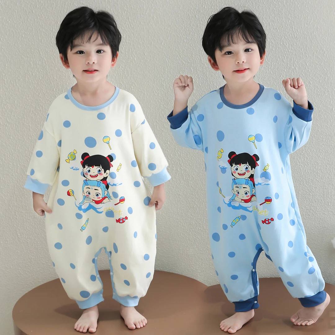儿童连体睡衣春秋季纯棉男孩宝宝哪吒家居服男童秋冬款连身衣睡袋