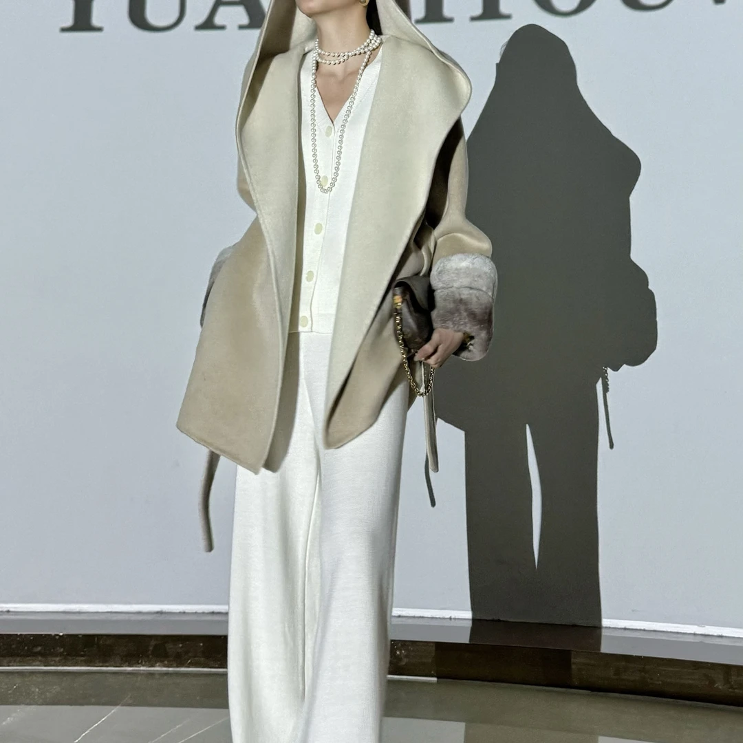 YUASYIYOUWISH|"光年短款"双色羊驼羊毛混纺大衣可拆卸兔皮袖口