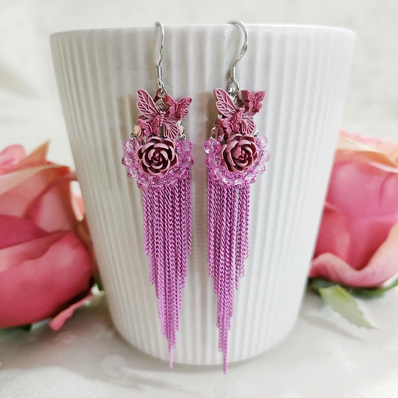 铜合金耳饰 民族风手工气质花瓣长流苏耳环1234