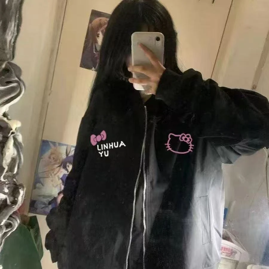 春夏ins宽松百搭小众潮流外套美式高街kitty猫印花拉链阴阳师联名