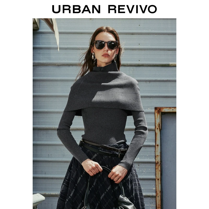 UR2025冬季新款女装格雷系假两件披肩长袖针织衫UWG950184+