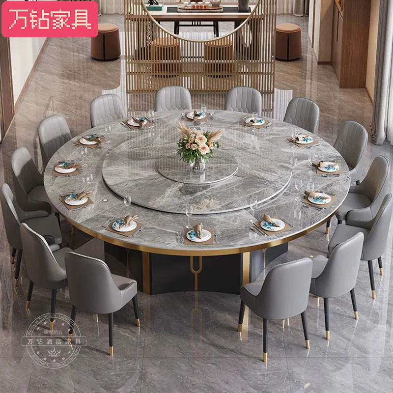 酒店餐桌大圆桌岩板电动餐桌手动电动火锅桌包厢饭店餐桌餐椅定制