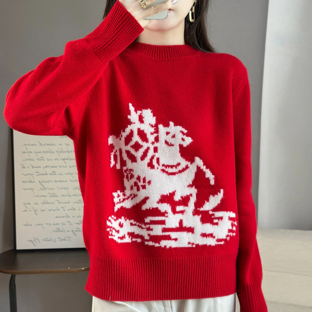 美丽诺纯羊毛马上发财图案新年战袍圆领百搭喜庆羊毛衫毛衣