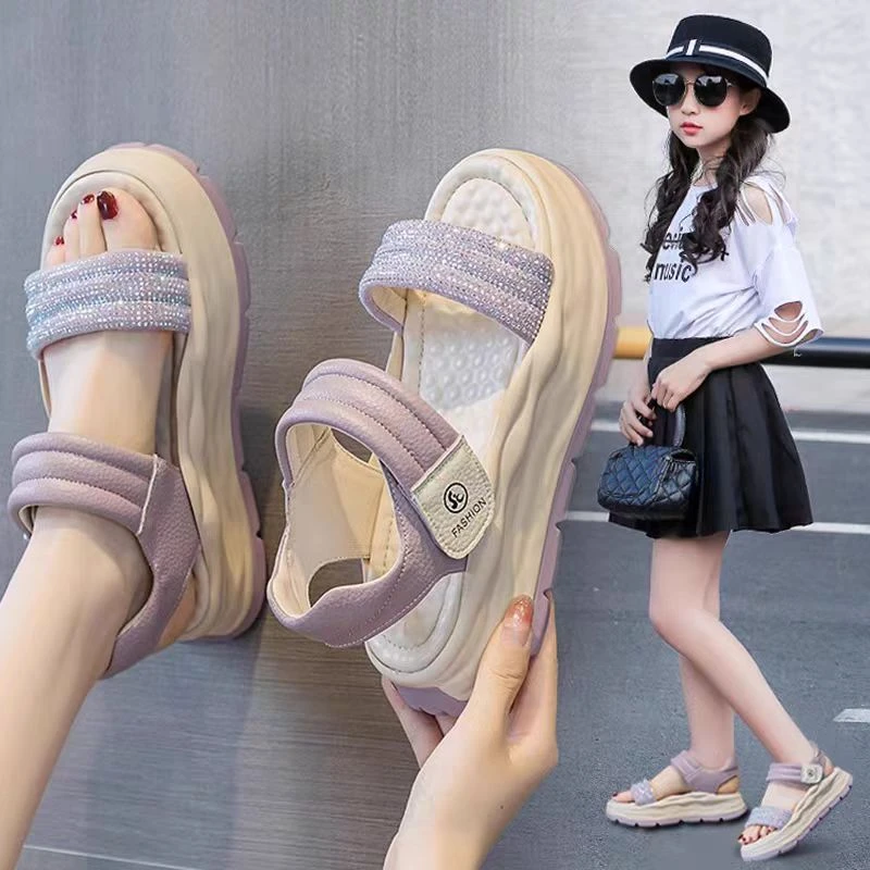 女童鞋子2025年夏季新款魔术贴厚底舒适凉鞋中大童露趾一字式鞋子