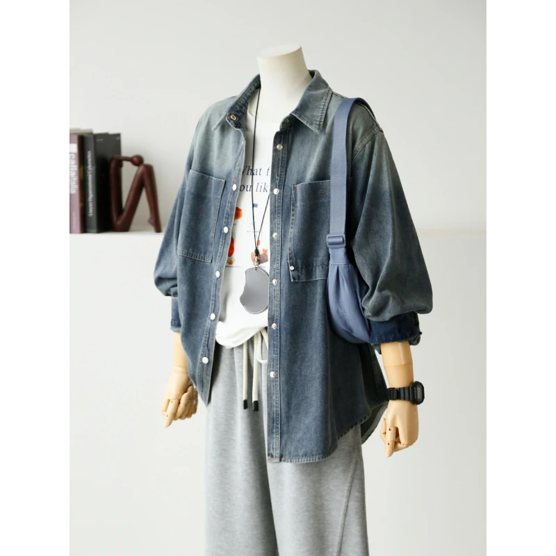 渐变色牛仔衬衫外套女复古休闲百搭宽松中长款秋季韩版长袖外套女