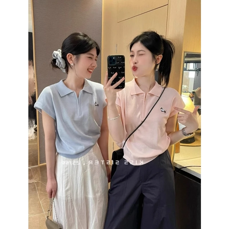 蓝色Polo领短袖t恤女2025新款超好看独特漂亮上衣夏季冰丝针织衫