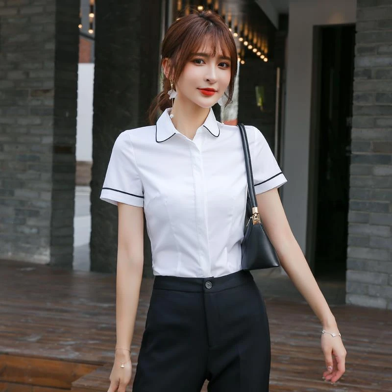 FAVMARTHA职业衬衫女气质正装打底上衣套装短袖白衬衣工装娃娃领