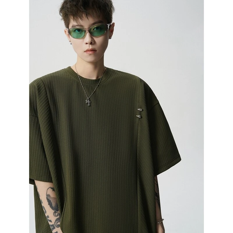 美式复古橄榄绿t恤男款特大码肌理感冰丝短袖夏季潮牌痞帅体恤衫