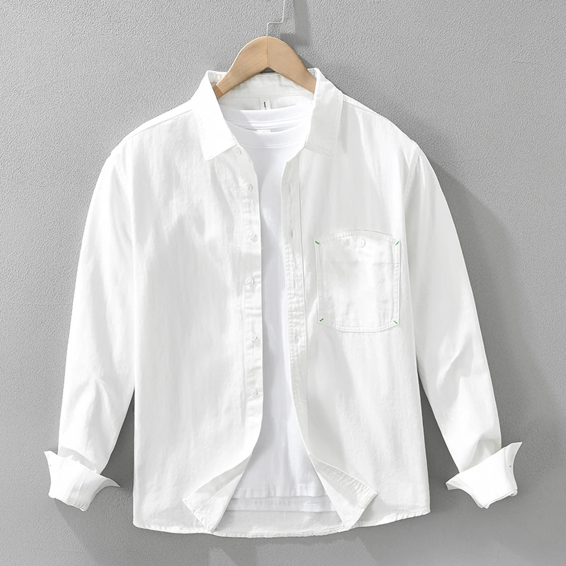 明线装饰工装纯棉长袖衬衫男春季新款复古纯色全棉宽松休闲衬衣潮