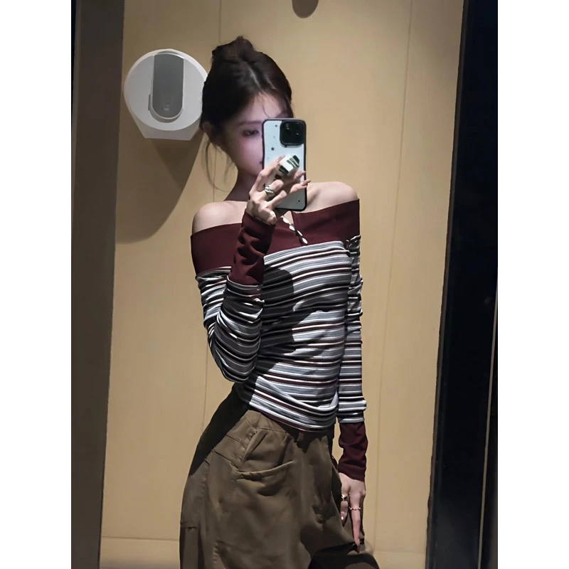 【现货+爆款】条纹一字肩长袖t恤女秋冬打底衫修身显瘦露肩高级上衣