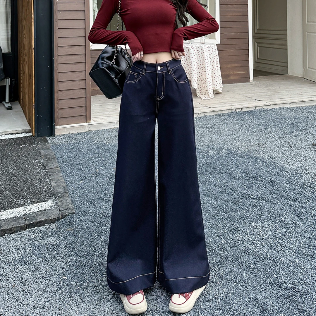 【不褪色】小个子早秋高腰百搭牛仔裤休闲水洗垂感显瘦显高阔腿裤